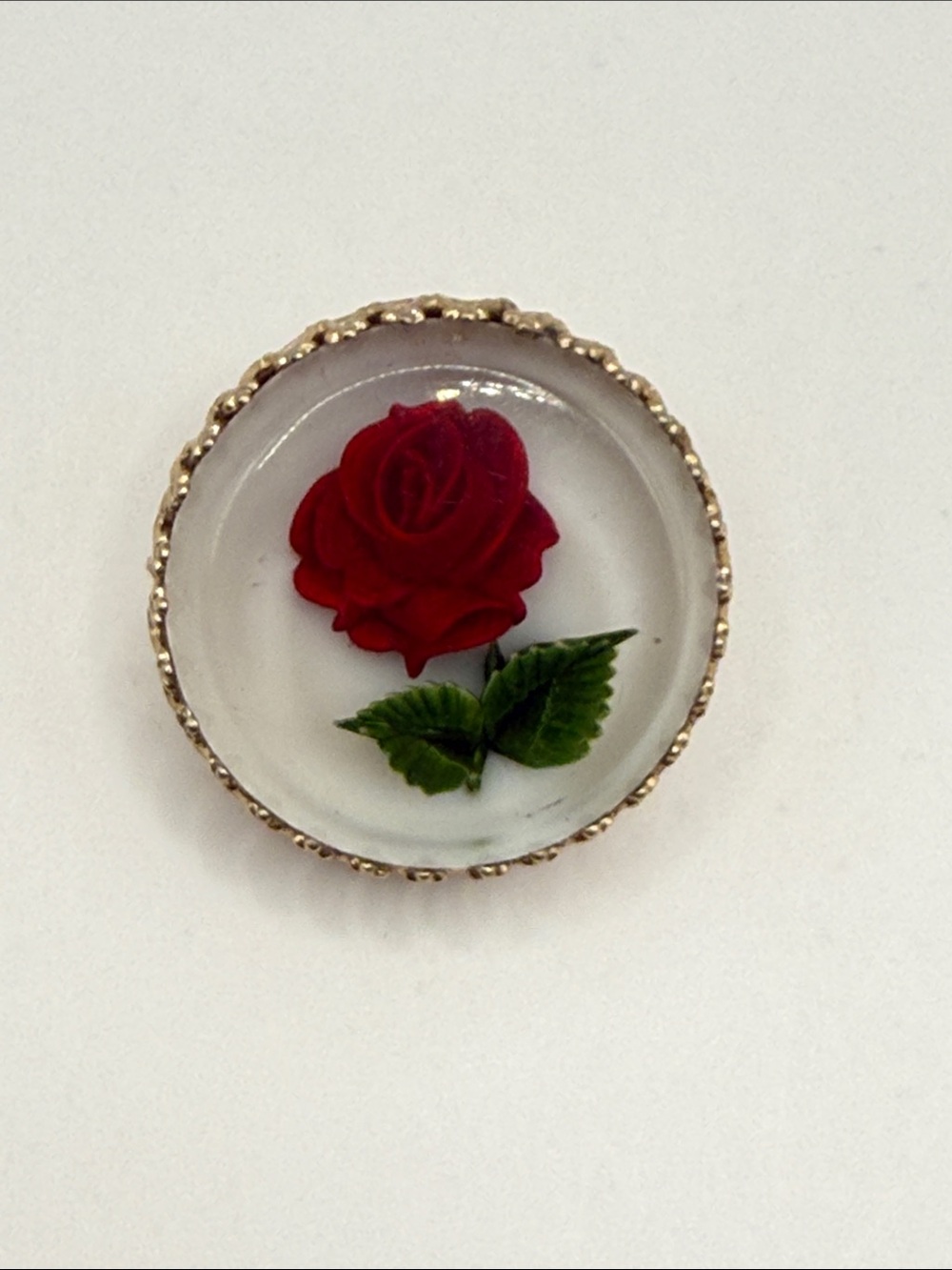 Vintage 1940’s Coro Gold Tone Reverse Carved Rose Lucite Brooch Pin